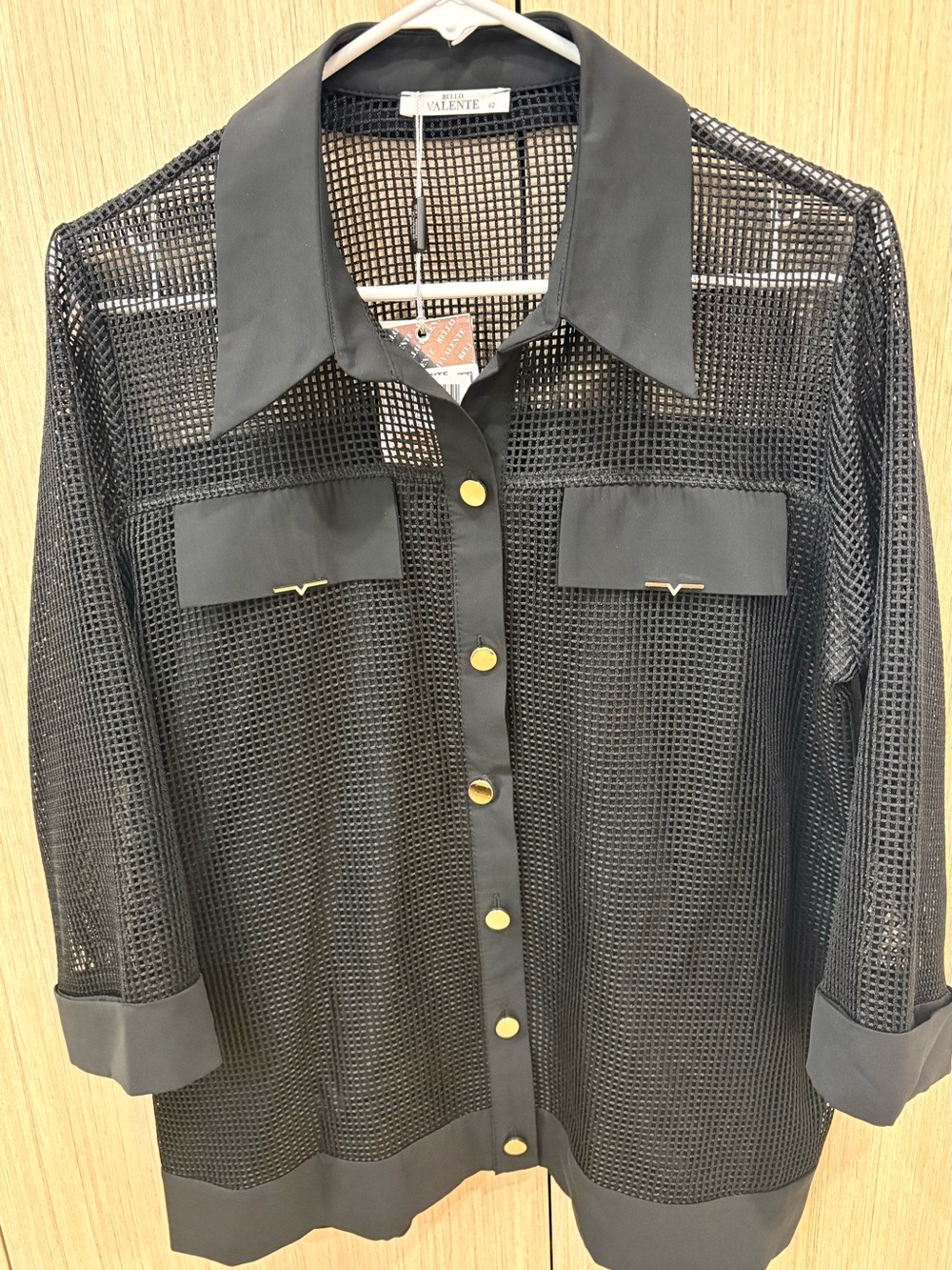 Bello Valente Women's 42 Black Mesh Collared Button Front Sheer Long Sleeve